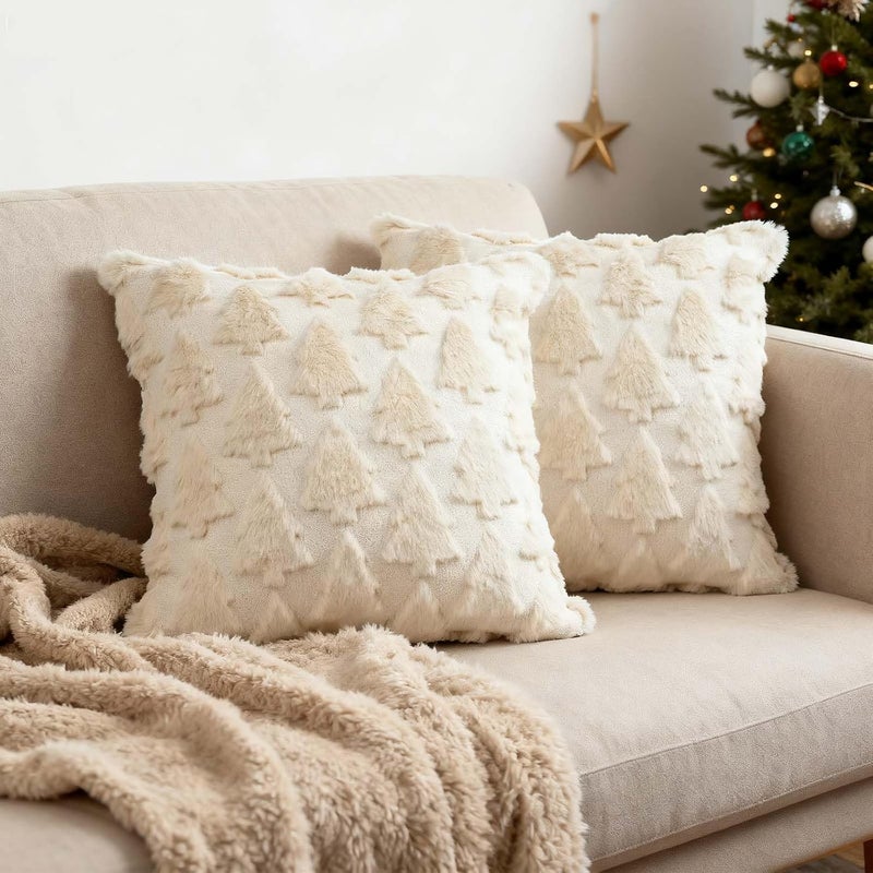 ONFAON Christmas Decorations -Christmas Pillow Covers 18 x 18 Inches Set of 2,Soft Plush Faux Fur Wool Beige Xmas Tree Throw Pillow Cases Winter Holiday Decor for Sofa Living Room - Image 1